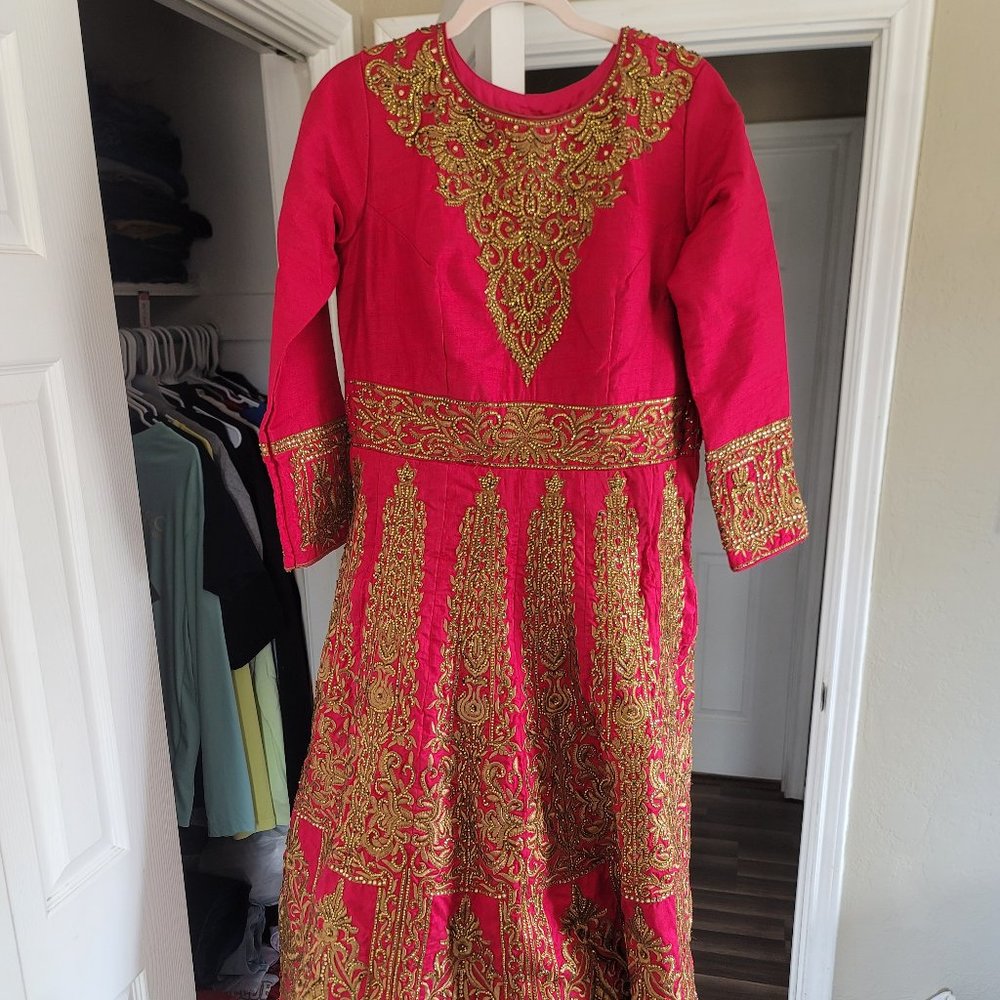Red Anarkali Gold Embellished Suit
